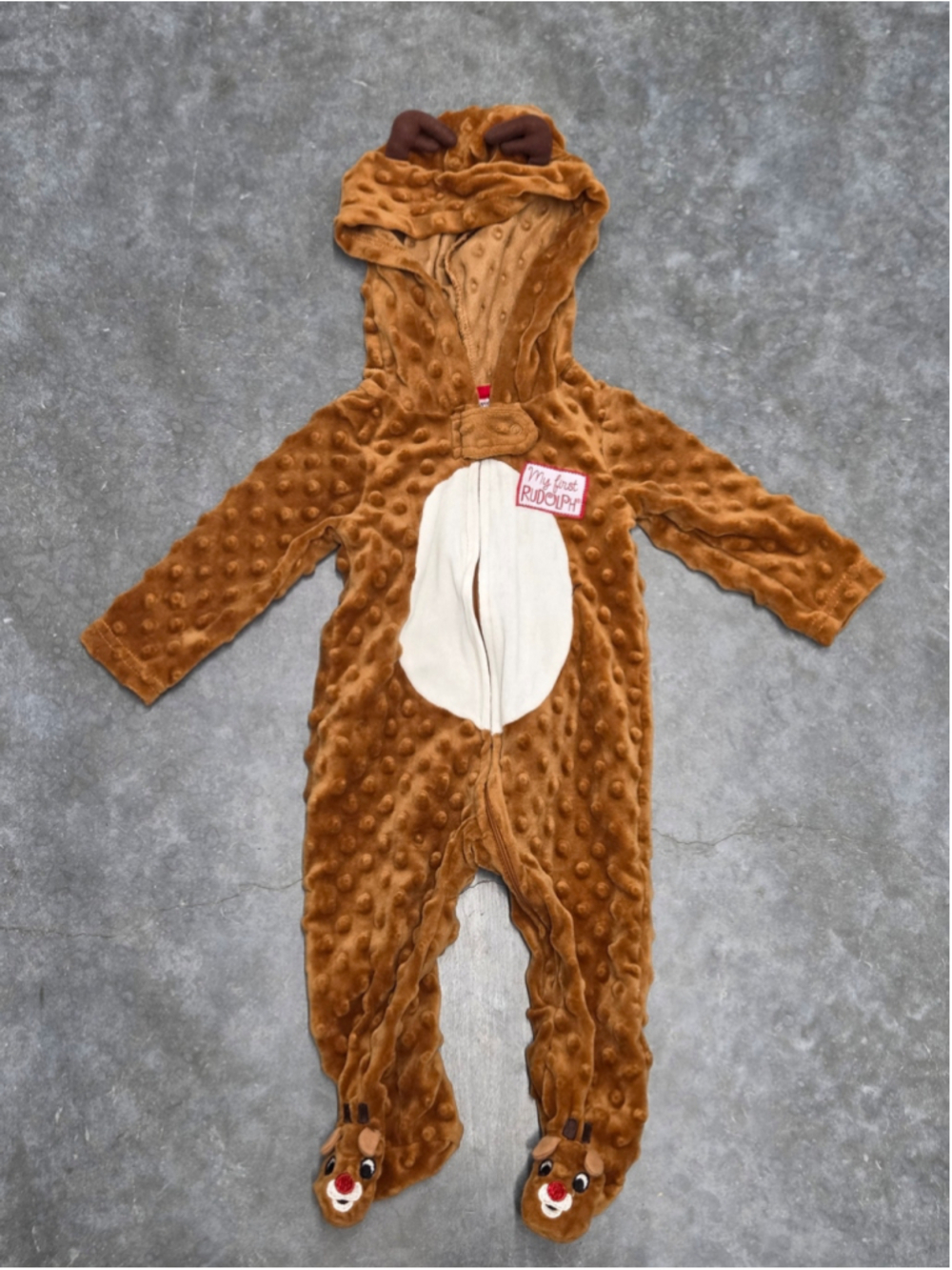 Rudolph Reindeer One-Piece Hooded Pajamas Brown Cream Belly Christmas 9 Months